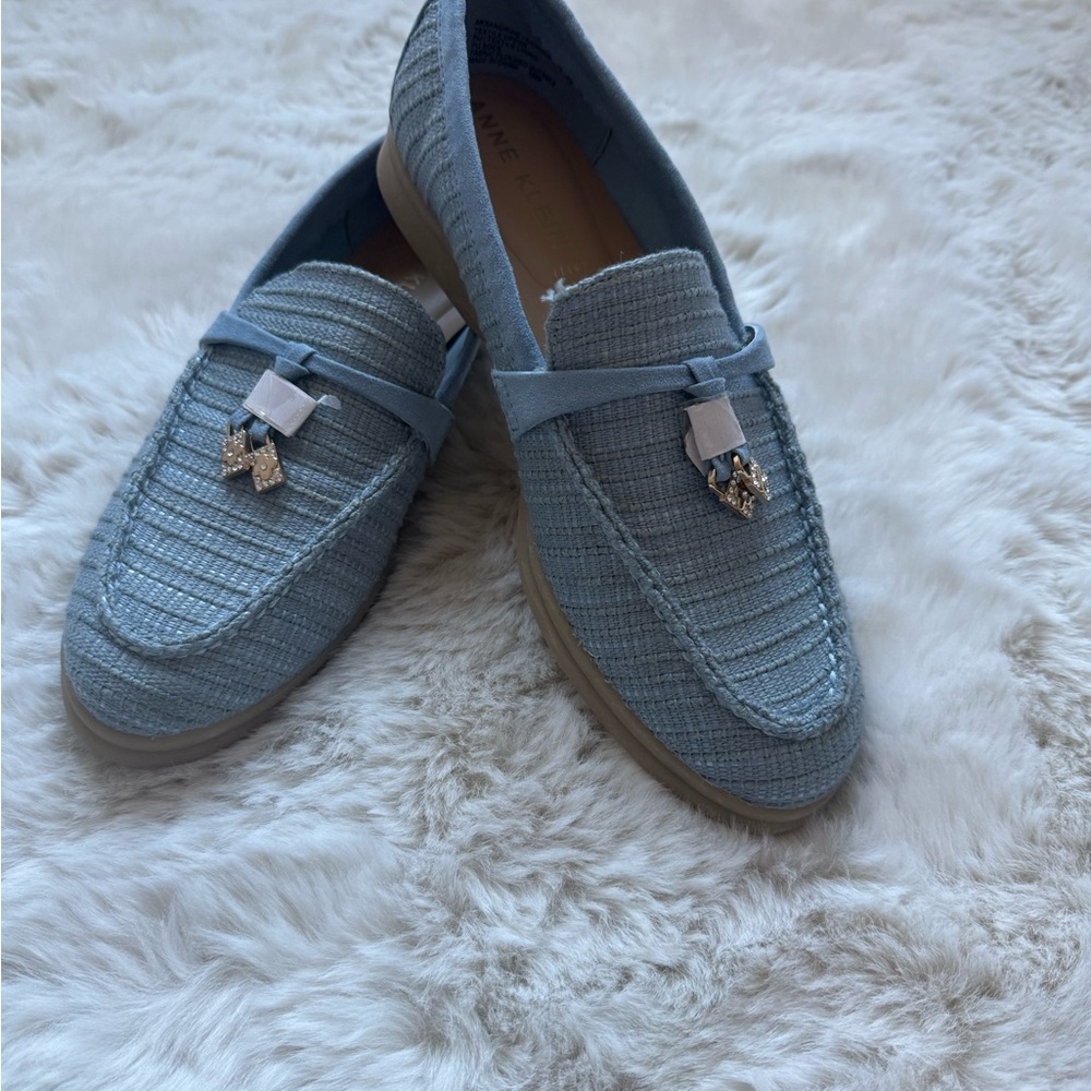 Anne Klein Blue Textured Loafers with Embellishment